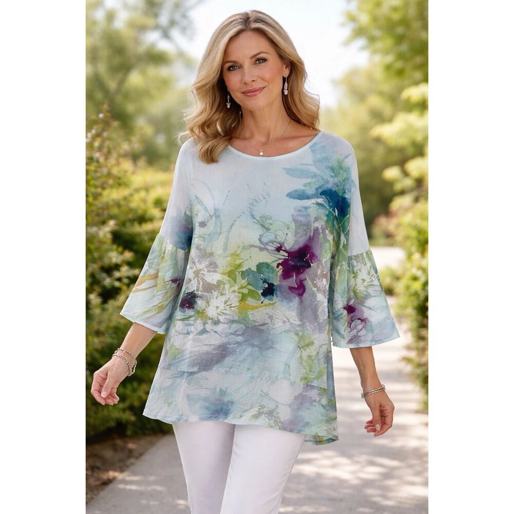 Jams World Shirt Womens XS Heavenly Floral Tropical Tunic Top Coastal Beachy